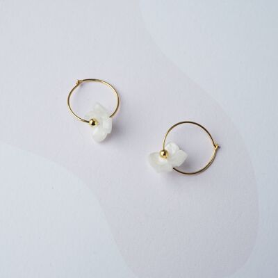 Bloom Hoop Earrings Two- Demi fine gold hoop earrings with pretty white flower charms