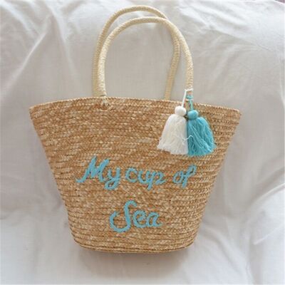 " My Cup Of Sea" Summer Beach Straw Woven Bag