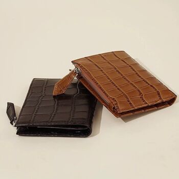 Porte-cartes portefeuille à fermeture éclair en cuir véritable à motif crocodile 2