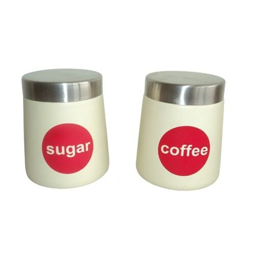 Set 2 metal canisters for sugar and coffee in beige - red color. Dimension: 13x10x10cm TT-035