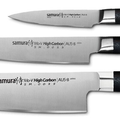 Ensemble de couteaux essentiels SAMURA MO-V Сhef: Couteau d'office 3,6''/90 mm, Couteau tout usage 5,1''/130 mm, Couteau de chef 7,9''/200 mm-SM-0230