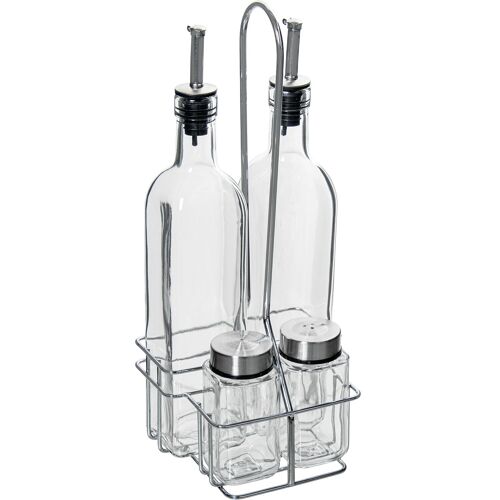 SET VINAGRERAS 4 PZS. CRISTALC/SOPORTE ACERO INOX. _14X12X34CM ST82488