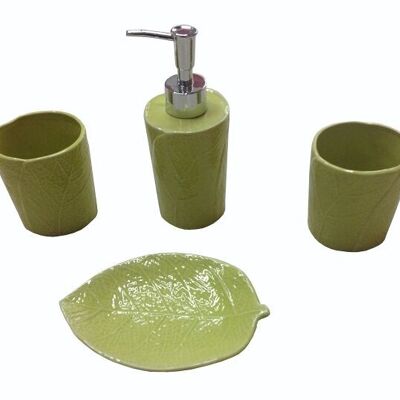 Set da bagno in ceramica "LEAF" di colore verde. Include: portasapone, bicchiere, portabicchiere e dispenser CM-966