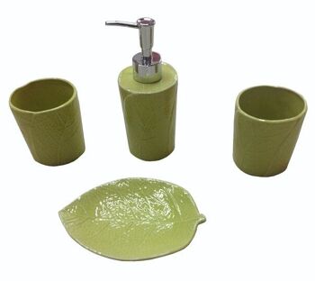 Ensemble de salle de bain en céramique "LEAF" de couleur verte. Comprend : porte-savon, verre, verre - support et distributeur CM-966