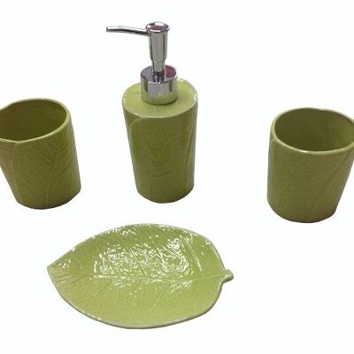 Keramik-Badezimmerset „LEAF“ in grüner Farbe. Beinhaltet: Seifenschale, Glas, Glashalter und Spender CM-966