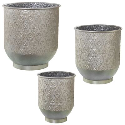 SET 3 SILVER METAL PLANTER POTS °32X34+°26X29+°21X26CM ST53020