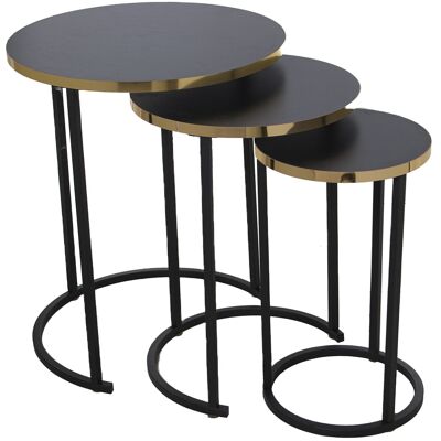 SET 3 AUX TABLES. BLACK WOOD BLACK METAL LEGS, GOLDEN EDGE _°48X58+°38X52.5+°28X48CM ST72221