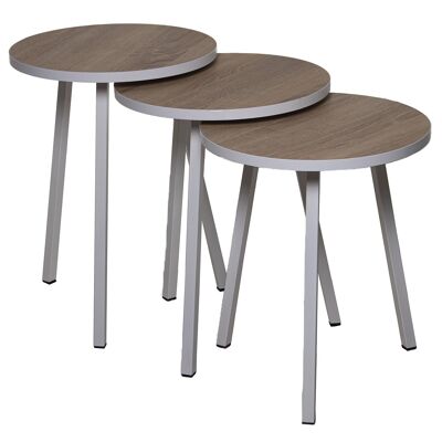 SET 3 TAVOLI AUSILIARI. GAMBE IN METALLO BIANCO LEGNO _°38X51+°38X48+°38X45CM ST72217