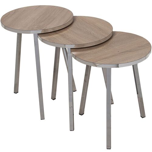 SET 3 MESAS AUX. MADERA PATASMETAL CROMADO, MADERA NATURAL _°38X51+°38X48+°38X45CM ST72214