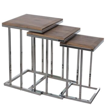 JEU DE 3 TABLES AUX. BOIS MÉTAL CHROME, PANNEAU BISEAU _40X40X60+35X35X56+29X29X50CM ST72227 1