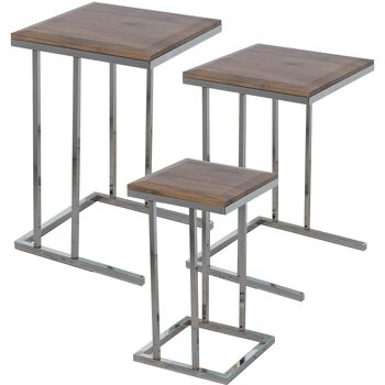 JEU DE 3 TABLES AUX. BOIS MÉTAL CHROME, PANNEAU BISEAU _40X40X60+35X35X56+29X29X50CM ST72227 2