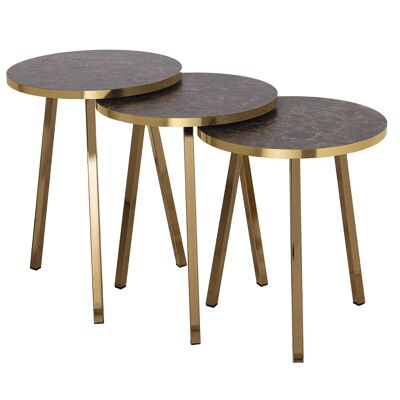 SET 3 MESAS AUX. MADERA PATASMETAL ORO, EFECTO MÁRMOL MARRÓ _°38X51+°38X48+°38X45CM ST72213