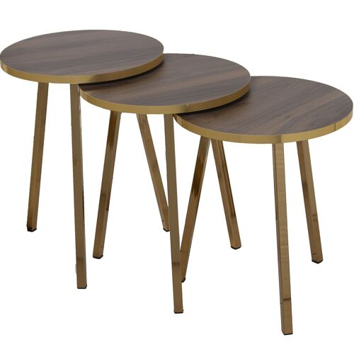 SET 3 MESAS AUX. MADERA PATASMETAL ORO, MADERA COLOR NOGAL _°38X51+°38X48+°38X45CM ST72212