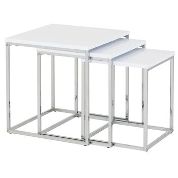 LOT DE 3 TABLES AUXILIAIRES BOIS/MÉTAL BLANC BRILLANT, BOIS:D _40X40X42+35X35X39+30X30X36CM ST83486 1