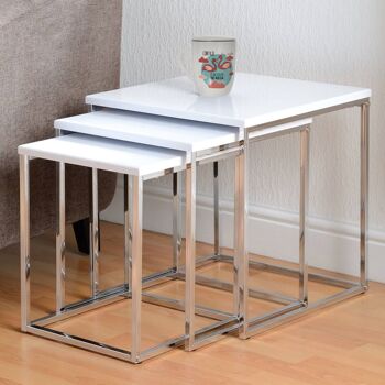 LOT DE 3 TABLES AUXILIAIRES BOIS/MÉTAL BLANC BRILLANT, BOIS:D _40X40X42+35X35X39+30X30X36CM ST83486 3