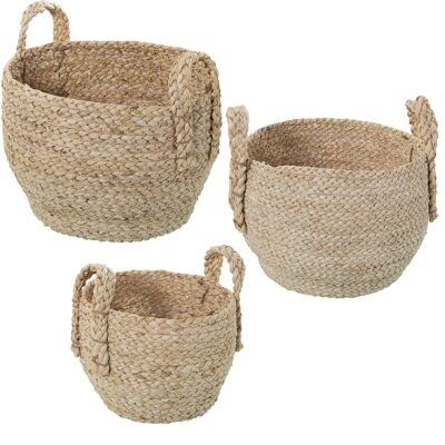 SET 3 NATURAL CORN LEAVE BASKETS WITH HANDLES °34X27+°30X24+°26X21CM ST3780