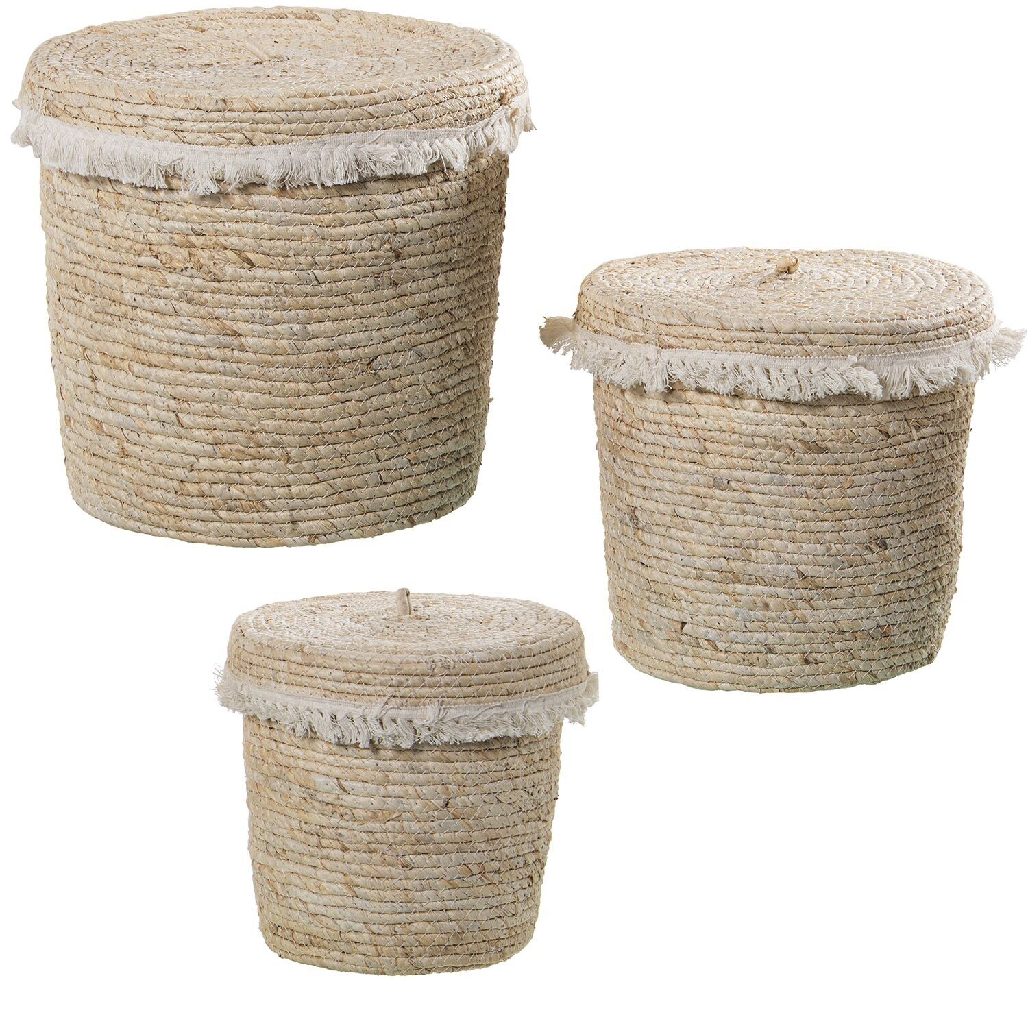 Set di 3 cestini in buccia di mais naturale con coperchio e frange di cotone, 35x35, 30x30 e 25x25cm st3782