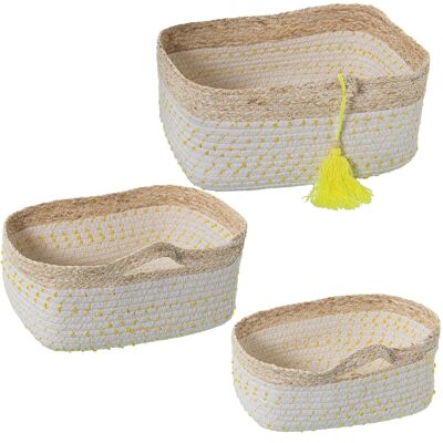 SET 3 BASKETS OF CORN LEAVES/NATURAL COTTON WITH YELLOW DOTS 35X25X15+31X21X13+27X12X11CM ST3775