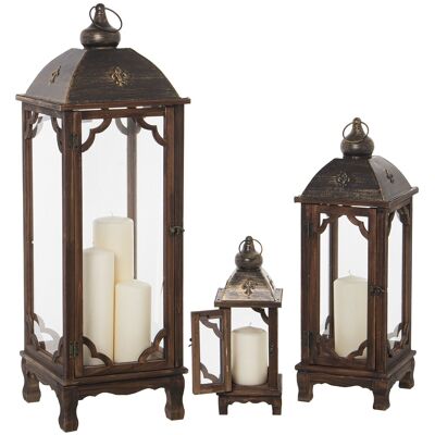 SET 3 BROWN WOOD/METAL LANTERN, FIR+IRON+GLASS 14X14X35+21X21X59+28X28X87CM ST76186