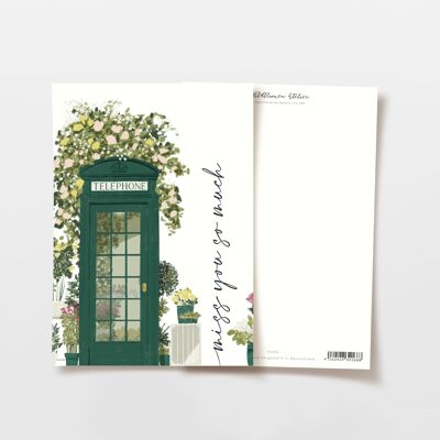 Postal cabina telefónica inglesa con flores 'Te extraño mucho', certificada FSC