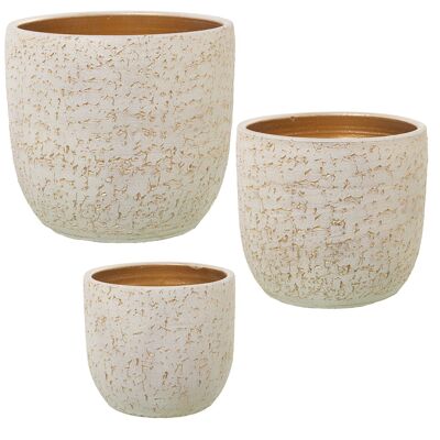 LOT DE 3 JARDINIÈRES CÉRAMIQUE BLANC/DORÉ Craquelé _°30X28CM+°25X23CM+°20X18CM ST60777