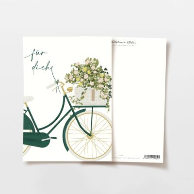 Postal 'para ti' bicicleta con flores, bicicleta nostálgica verde oscuro, certificado FSC