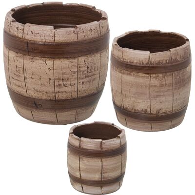 SET OF 3 BROWN CERAMIC PLANTER BARRELS _°14X13+°20X19+°26X25CM ST60783