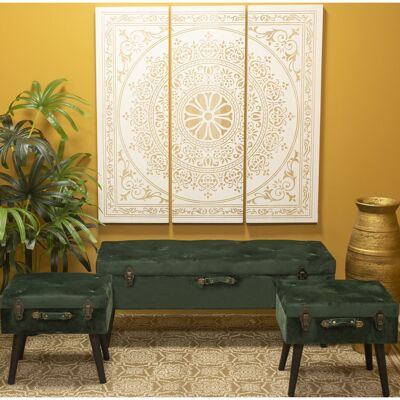 SET OF 3 DARK GREEN VELVET BEST BESTS, WOODEN LEGS 120X41X51+48X38X44+48X38X44CM ST49084