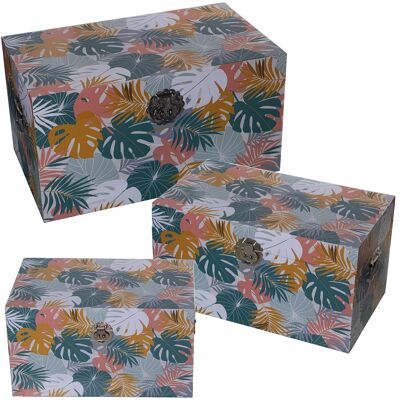 SET 3 DECORATED TRUNKS WOOD/POLYESTER CANVAS SHEETS 65X38X35+55X32X30+45X26X25CM ST27058