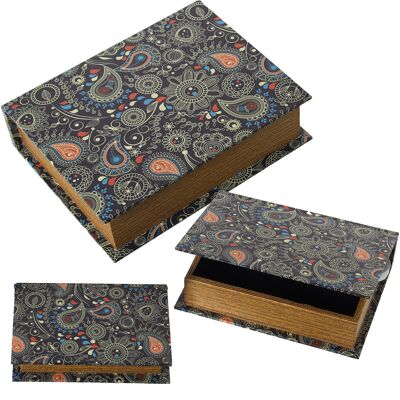 SET 3 DECORATED BOOK BOXES MDF WOOD/POLYESTER CANVAS 30X24X8+24X18X6+18X12X4CM ST27033