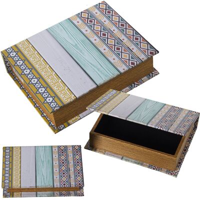 SET 3 SCATOLE PER LIBRI DECORATE MDF LEGNO/TELA POLIESTERE 30X24X8+24X18X6+18X12X4CM ST27037