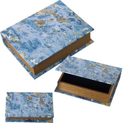 SET 3 DECORATED BOOK BOXES MDF WOOD/BLUE POLYESTER CANVAS+ 30X24X8+24X18X6+18X12X4CM ST27047