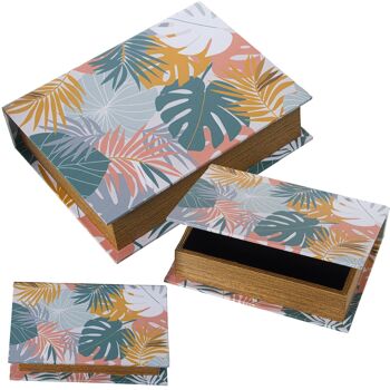 SET 3 COFFRETS LIVRES DÉCORÉS FEUILLES DE TOILE MDF/POLYESTER 30X24X8+24X18X6+18X12X4CM ST27041 1