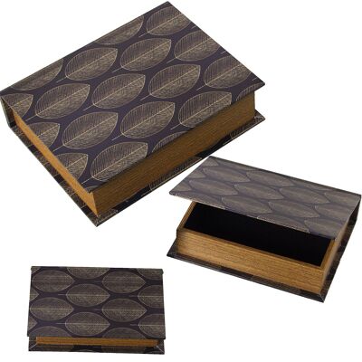 SET 3 DECORATED BOOK BOXES MDF WOOD/BLACK POLYESTER CANVAS 30X24X8+24X18X6+18X12X4CM ST27035
