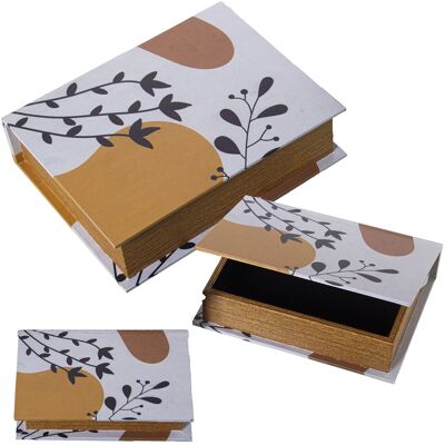 SET 3 BOITES LIVRES DÉCORÉESDMWOOD/TOILE POLYESTER 30X24X8+24X18X6+18X12X4CM ST27045