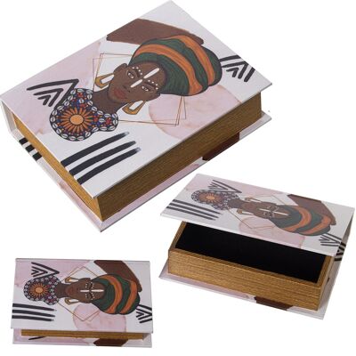 SET 3 DECORATED BOOK BOXESDMWOOD/AFRIC POLYESTER CANVAS 30X24X8+24X18X6+18X12X4CM ST27052