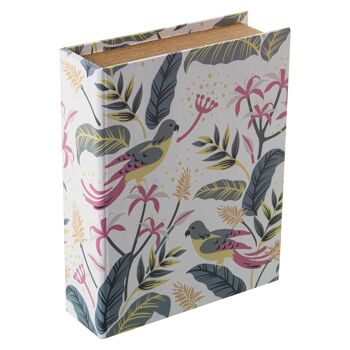 SET 3 BOITES LIVRES DÉCORÉES BOIS/TOILE POLYESTER PARRO+ 30X24X8+24X18X6+18X12X4CM ST27043 2