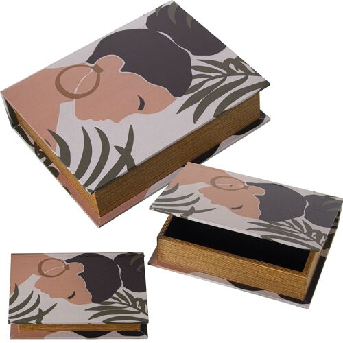 SET 3 CAJAS LIBROS DECORADOSMADERA DM/LONA POLIÉSTER MUJER 30X24X8+24X18X6+18X12X4CM ST27051