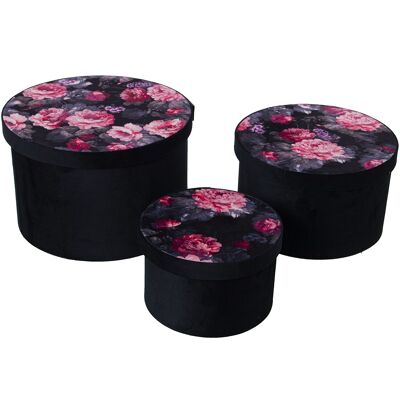 SET 3 SCHWARZE SAMTBOXEN, BEDRUCKT MIT BLUMEN °30X20CM+°26X16CM+°20X13CM ST25039