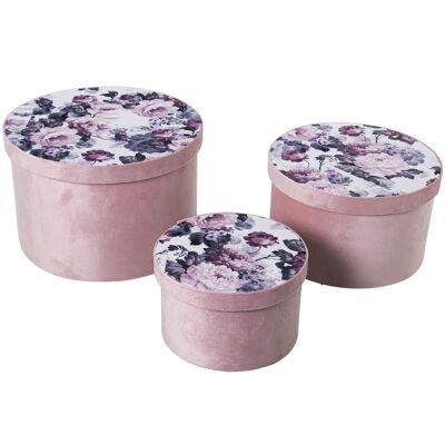 SET 3 FLOWER PRINTED PINK VELVET BOXES °30X20CM+°26X16CM+°20X13CM ST25038