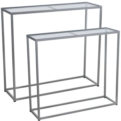 SET OF 2 SILVER METAL ENTRANCE TABLES WITH TRANSPARENT GLASS _90X28X80+85X24X75CM ST71822