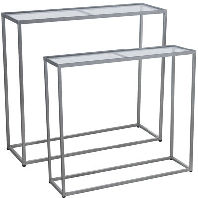 SET 2 MESAS ENTRADA METAL PLATEADO C/CRISTAL TRANSPARENTE _90X28X80+85X24X75CM ST71822