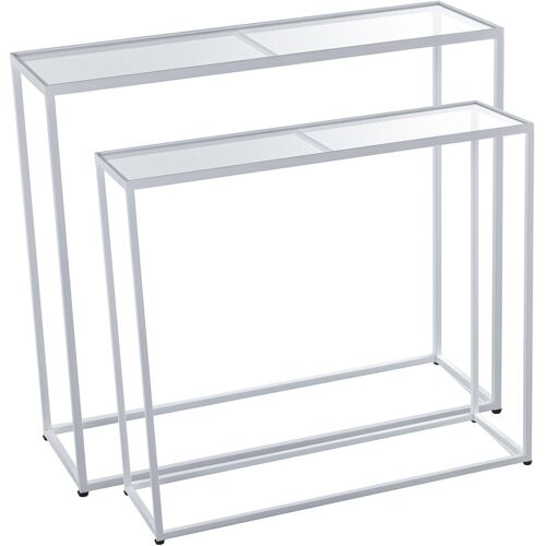 SET 2 MESAS METAL BLANCO C/CRISTAL TRANSPARENTE _90X28X80+85X24X75CM ST72310