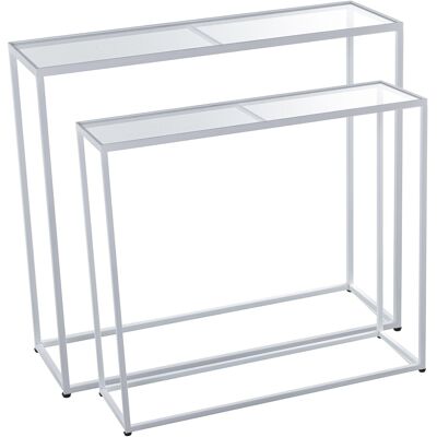 SET 2 WEISSE METALLTISCHE MIT TRANSPARENTEM GLAS _90X28X80+85X24X75CM ST72310