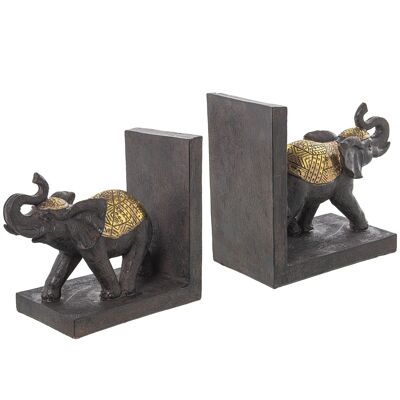 SET MIT 2 BRAUN/GOLDENEN ELEFANTEN-BUCHSTÜTZEN _36X10X15CM ST50413