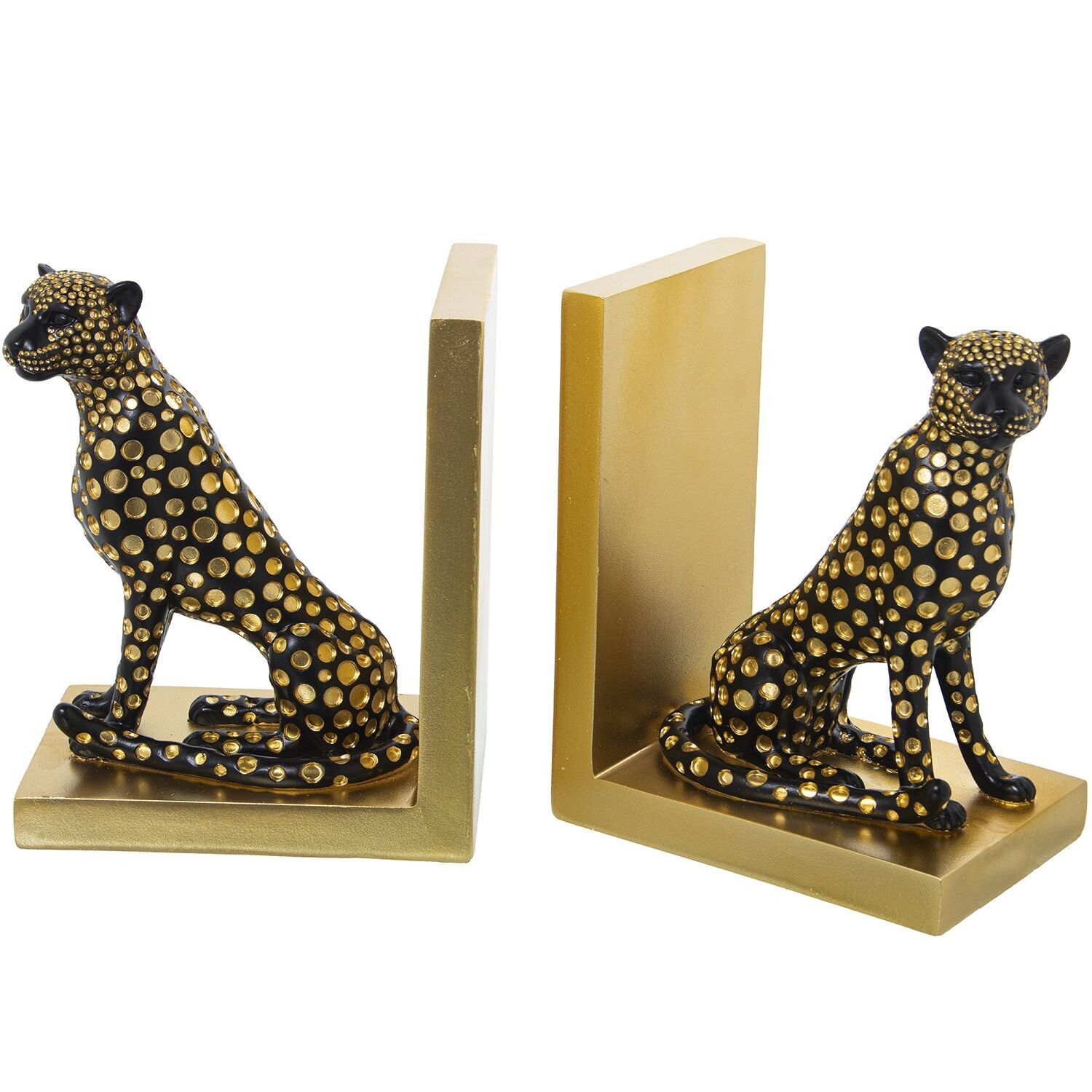 Set aus 2 Buchstützen in Leopardenform aus Kunstharz, schwarz und gold, 15 x 10 x 19 cm, Artikelnummer: st61849