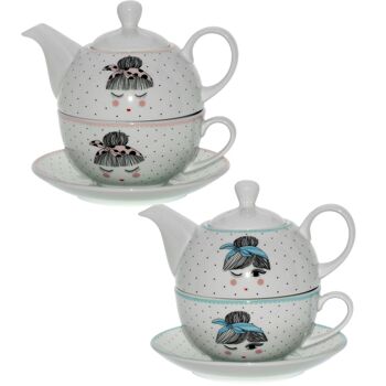 SET 2 THÉIÈRE+TASSE+ASSIETTE PORCELAINE, THÉIÈRE:420ML TASSE:250ML _THÉIÈRE:°11X12CM TASSE:°11X5CM ST9105 1