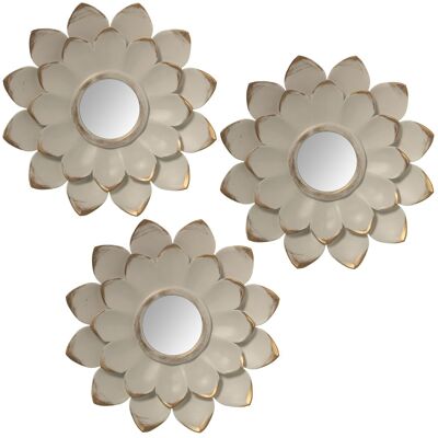 SET 3 OLD WHITE MELAMINE FLOWER APPLIQUES W/MIRROR _°25CM ST23135