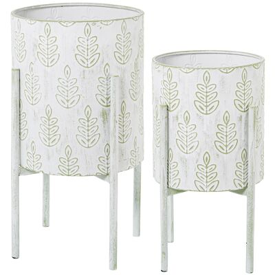 SET OF 2 WHITE/GREEN DECO METAL PLANTER POTS. SHEETS _°31X58CM+°26X48CM ST53102