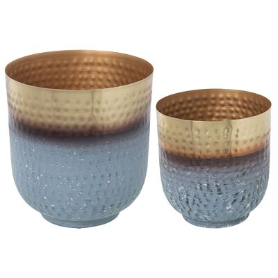 SET 2 POT DE JARDINIÈRE EN MÉTAL DORÉ/BLEU CLAIR _26X26X30+21X21X24CM ST60976